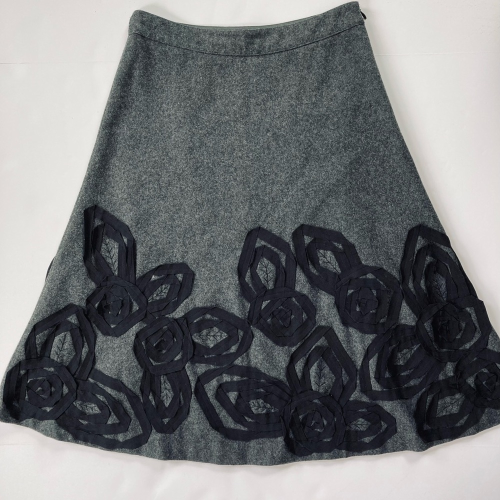 Boden Gray A-Line Skirt with Black Floral Appliqué